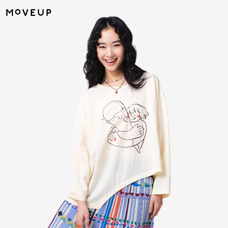 

MOVEUP Loose Long Sleeved Round Neck T-Shirt 2026 Summer Fun Character Print Curved Hem Casual Commuting Women's Top 3ELX10515