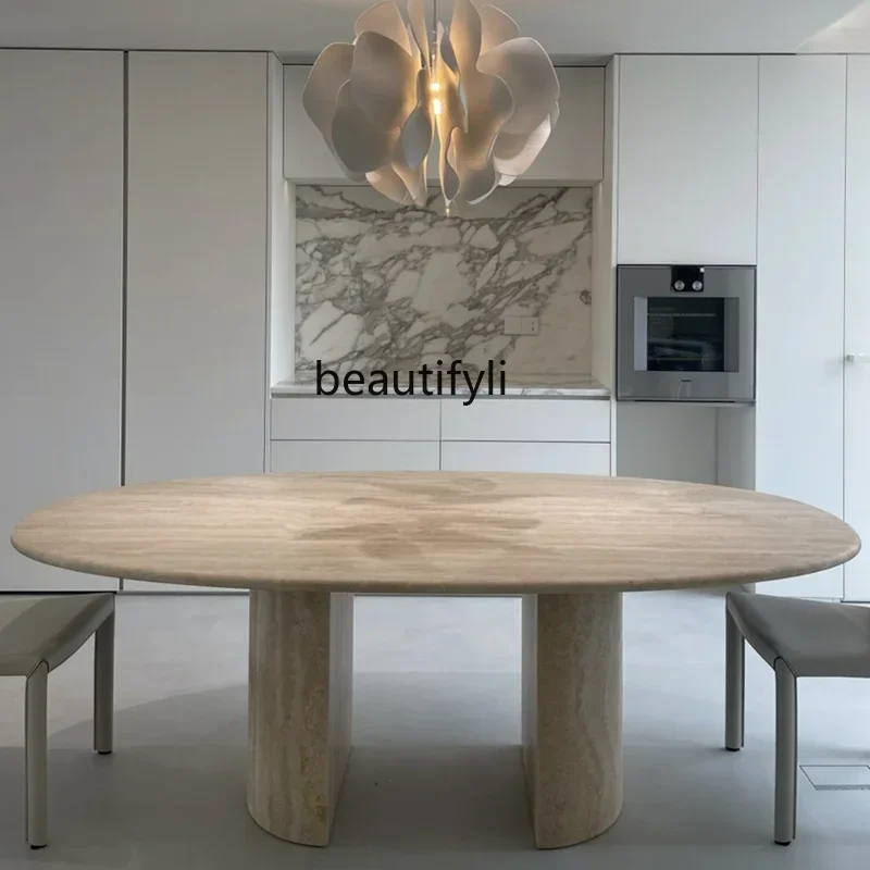 

Natural Roman travertine oval dining table in ancient times, round dining table Italian minimalist5556