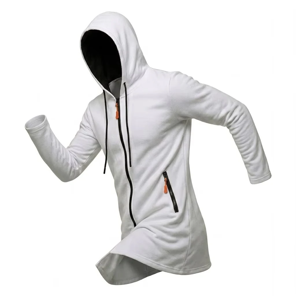 Neue Herren-Kapuzenjacke mit Reißverschluss, thermisch, winddicht, lässiger Fleece-Sweatshirt, Reißverschlusstaschen, langer Mantel für Outdoor-Aktivitäten, mit Kapuze – Detail 13