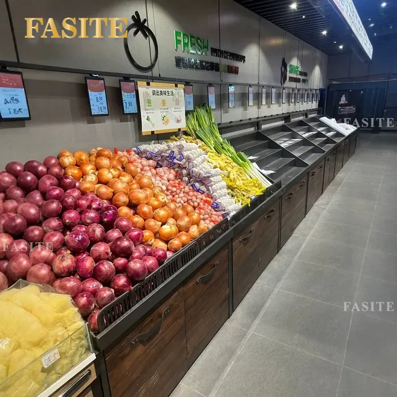 For Supermarket Resin Fruit and Vegetable Shelf with Wheels Lifting Mobile Multifunctional Fresh Display Rack Durable Storage