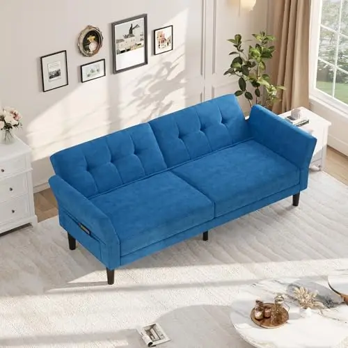 

Blue 89 Inch Tufted Modern Convertible Sofa Bed With Adjustable Backrest And Armrests For Living Room Or Bedroom