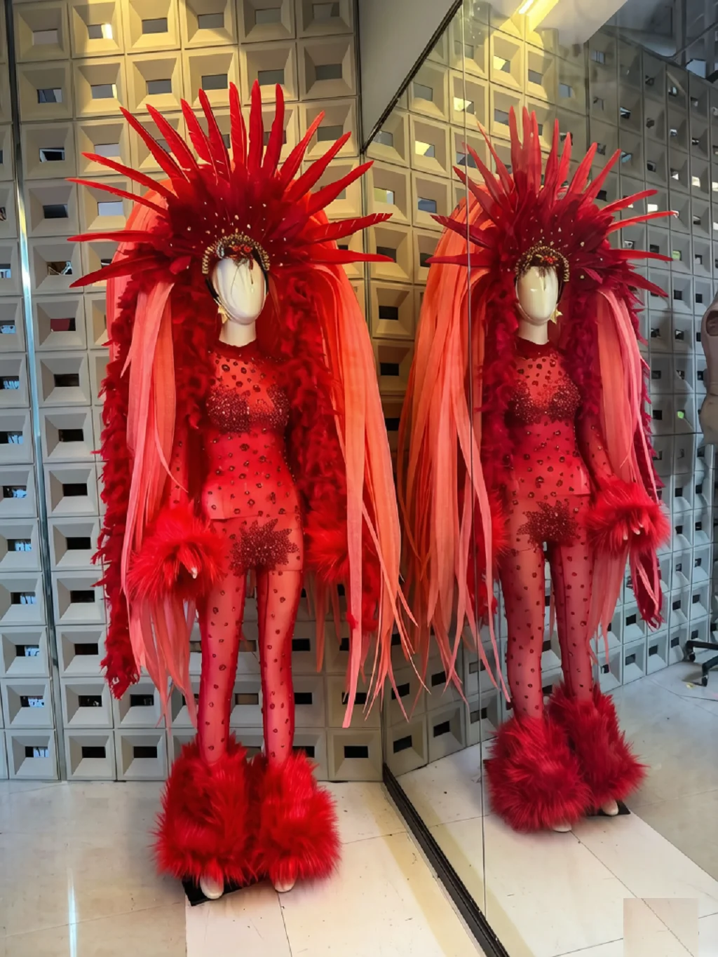 Women's Red Festival Feather Bodysuit Costume – Sheer Rhinestone Jumpsuit with Fur Trim & Statement Headpiece