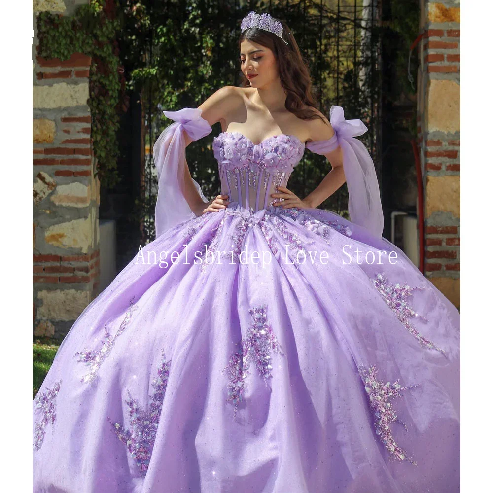 Angelsbridep Customized Elegant Lavender Ball Gown 15 Year Old Quinceanera Dresses With 3D Flower Princess Birthday Party Dress