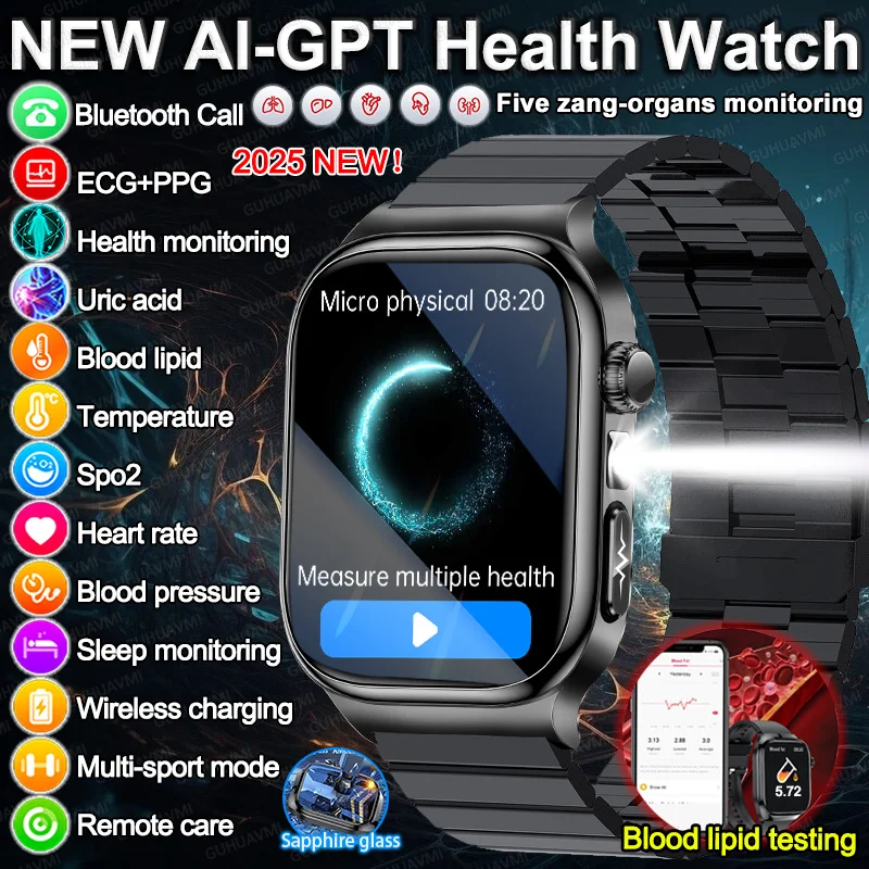 

2025 AI Diagosis ECG Health Smart Watch Men Blood Pressure Lipid Uric Acid Five zang-organs examination Health Call Smart watch