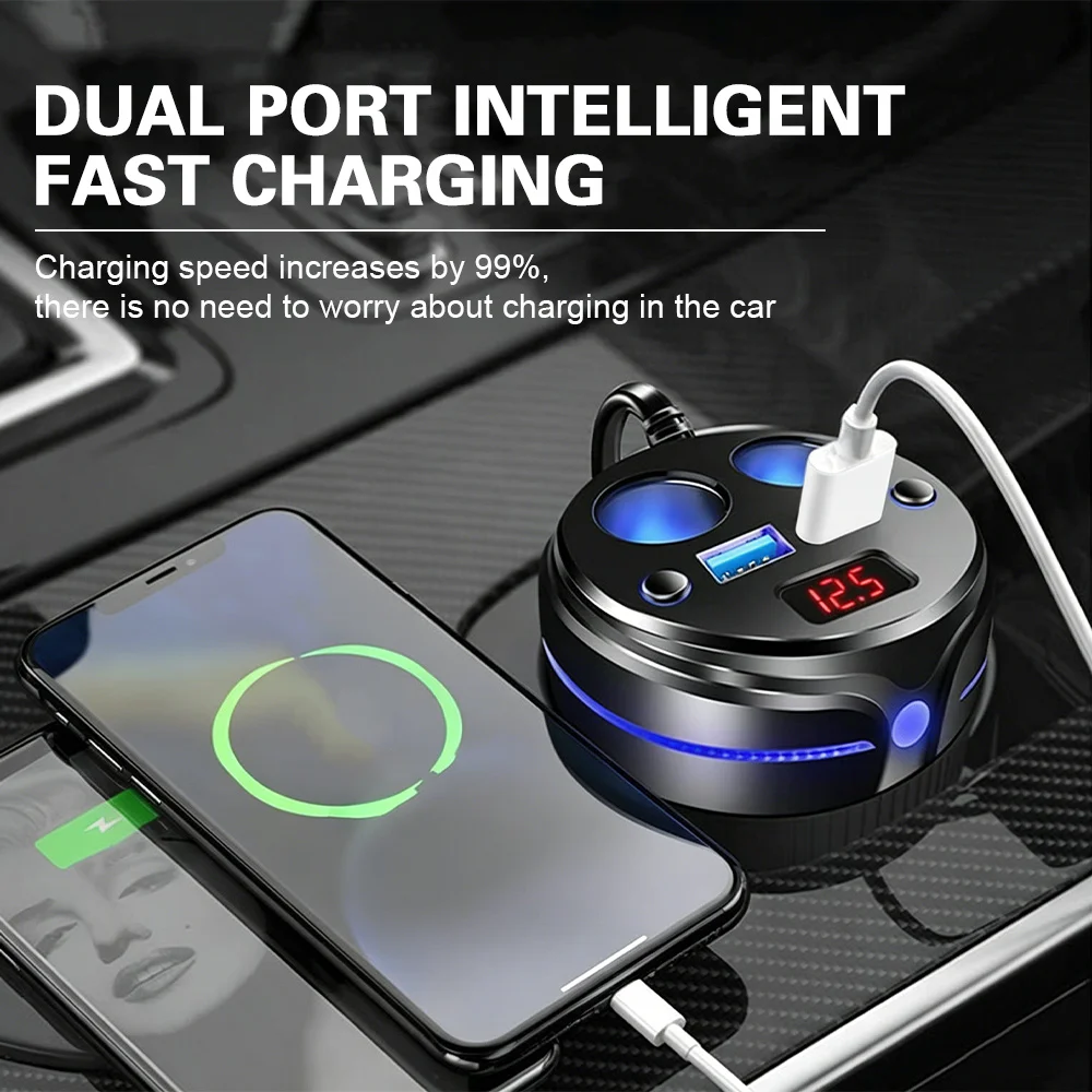 Universal 120W Car Cigarette Lighter Charger Fast Charing 2-Sockets 2 USB Ports Car Charger Cup Quick Dual USB Phone Charger