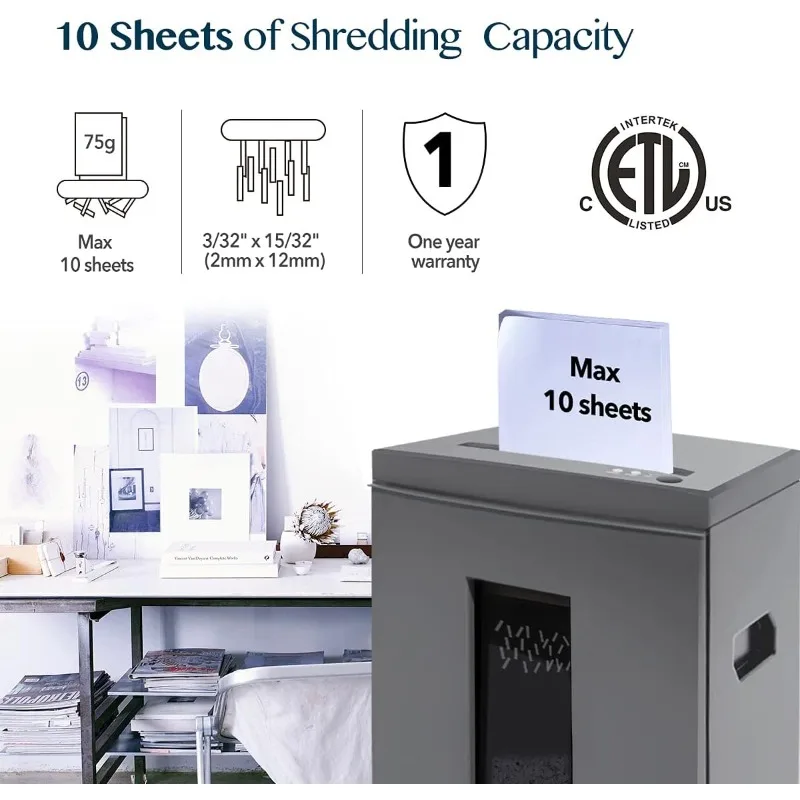 10-Sheet Super Micro Cut High Security Level P-5 Heavy Duty Paper/CD/Card Ultra Quiet Shredder for Home Office  US(Origin)