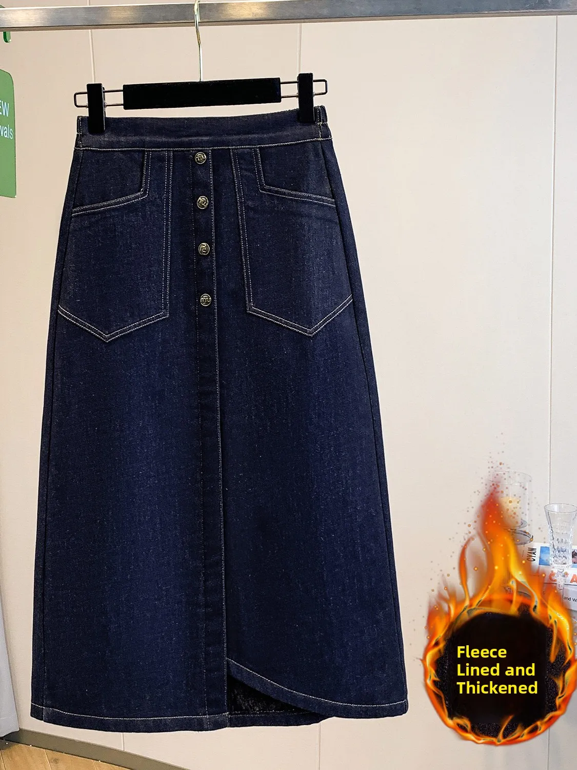 

Thiened Fce Lined A-Line Split Mid-Length Jeans Skirt Women's Winter New Sle plus Size Warm Commute Sle Casual Skirt