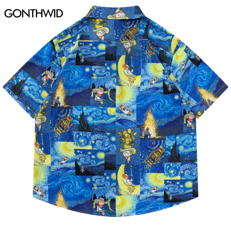 Summer Hawaiian Shirt Funny Cartoon Van Gogh Starry Sky Print Beach Shirts Harajuku Hip Hop Short Sleeve Button Up Shirts Top