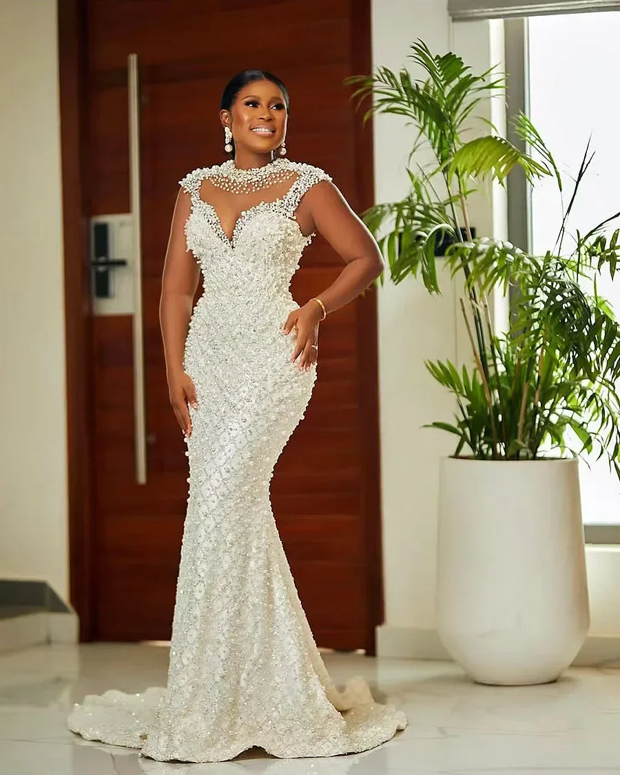 Arab Luxury Beaded Mermaid Wedding Dress Elegant Pearl Sleeveless  Bride Dress Wedding Party Dress Customized
