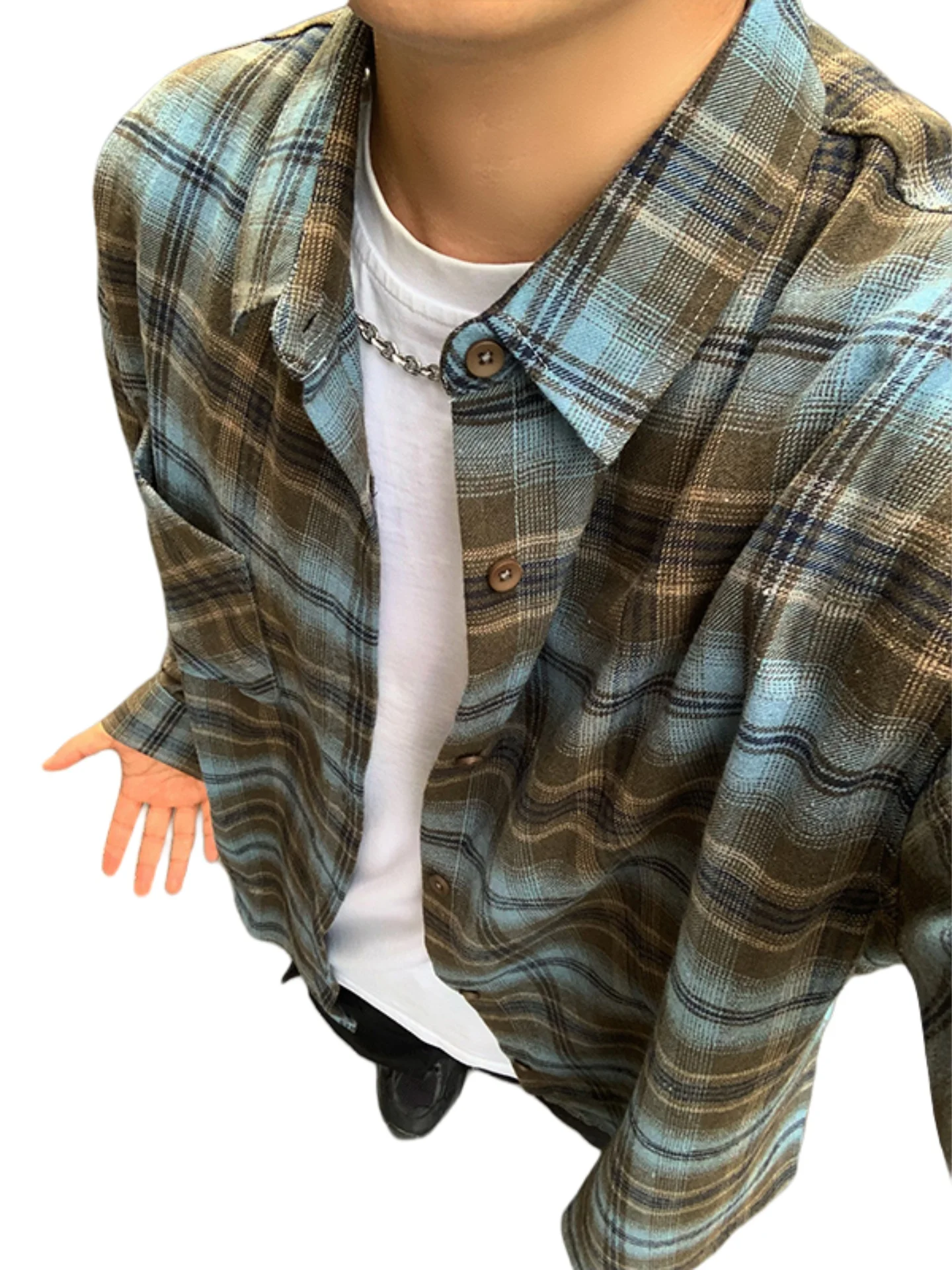 

Retro Salt Blue Brown Plaid Men's irt Loose Lazy Sle Layering Couple Long Sve irt Jaet Autumn Youth Casual Faion