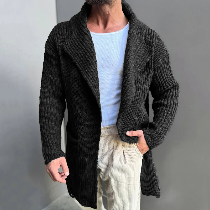 Vintage Casual Mens Knitted Cardigan Jacket Spring Autumn Lapel Pocket Hooded Knit Coats Design Trendy Outerwear Sweatercoats