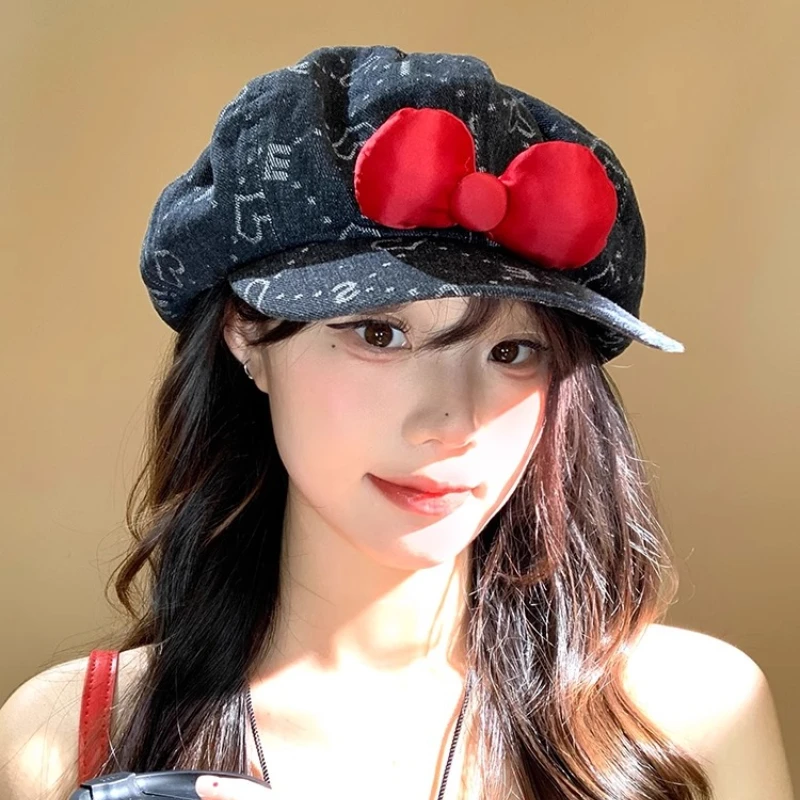

Sweet Red Bow Design Denim Berets Cap Y2K Summer and Autumn Travel Personality Show Face Small Retro Newsboy Hats for Woman