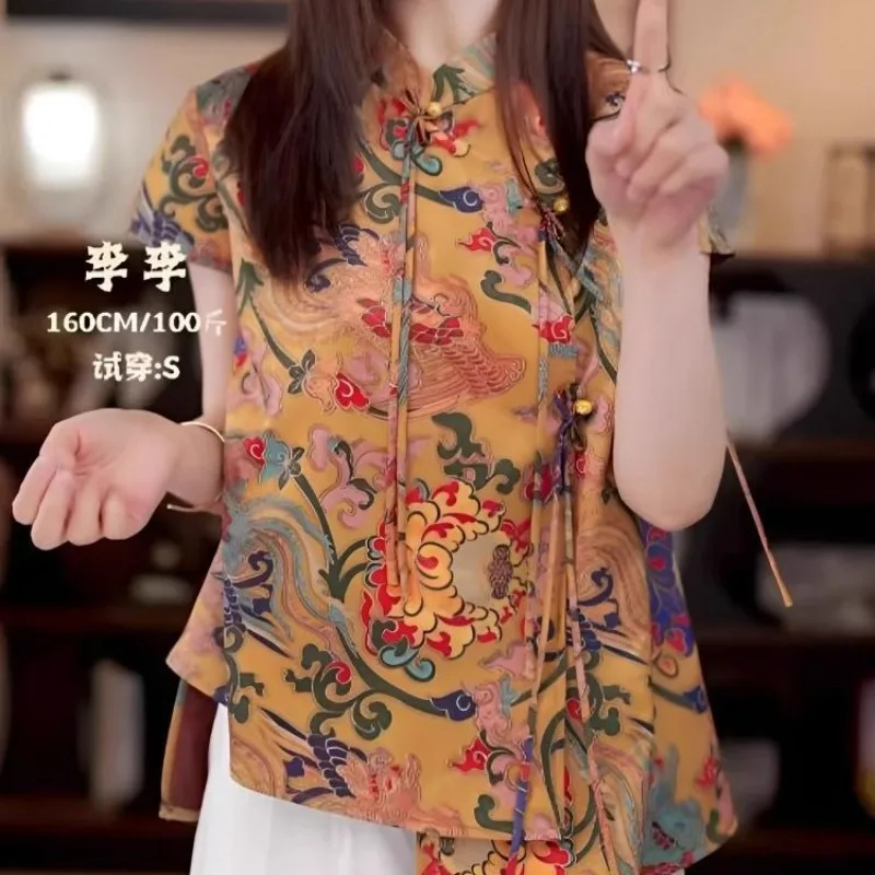 플로럴 프린트 블라우스 여성 새틴 실크 자카드 반팔 루즈 셔츠 중국 민족 스타일 빈티지 당나라 탑