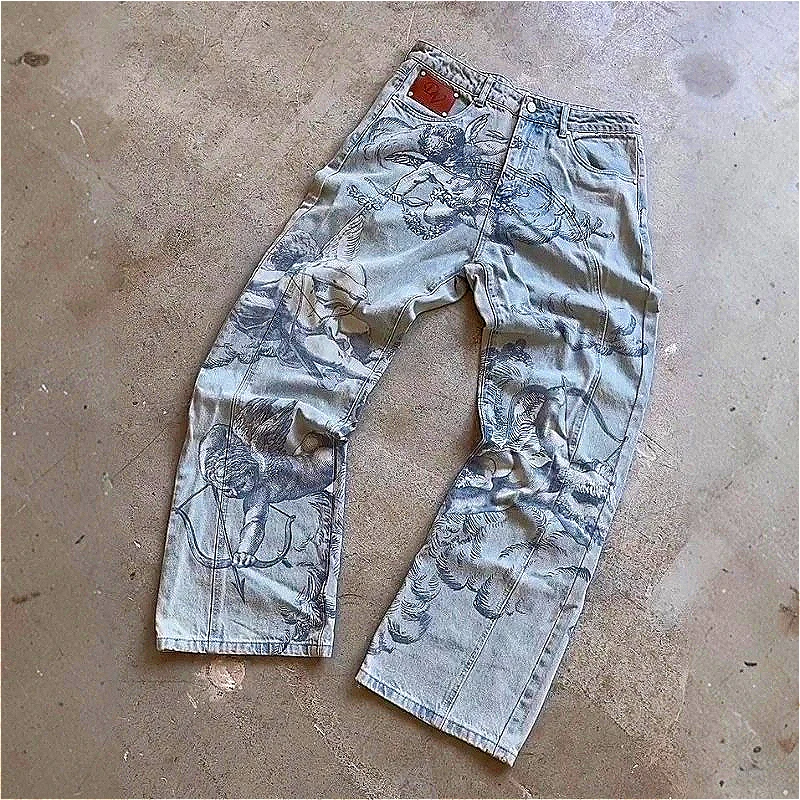 Y2K Fashion Denim Pants Art Classic Pattern Colossal Angel Jeans Retro Gothic Hip Hop Harajuku Streetwear Men Women Baggy Pants