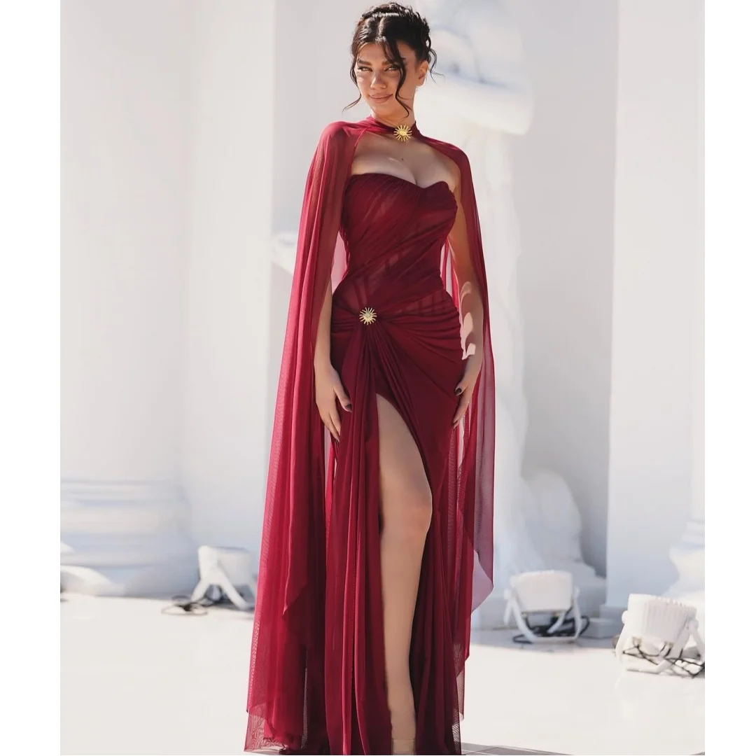 

Red Slit Evening Dresses Woman Wrap Elegant Prom Dress Chiffon Pleat Wedding Party Gown Long Vestidos Customized