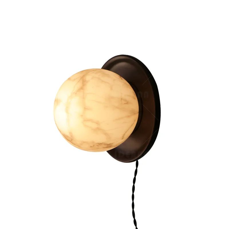 

New Chinese Song Dynasty aesthetic wall lamp imitation marble glass designer bedroom wiring-free plug-in atmosphere bedside lamp