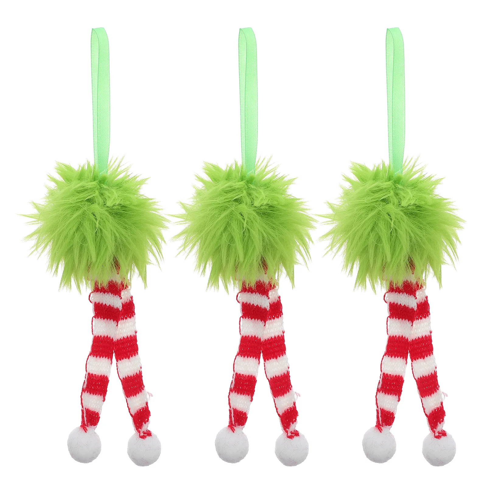 

3Pcs Long Pompom Christmas Ornaments in Red Green Striped Style - Hanging Ball Decor for Tree Wall Patio Holiday Season