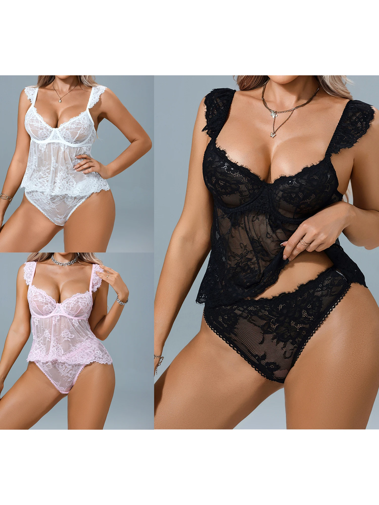 

Women s Lace Lingerie Set Sexy Sheer Mesh Seductive Babydoll Camisole and G-String Set for Bedroom Play