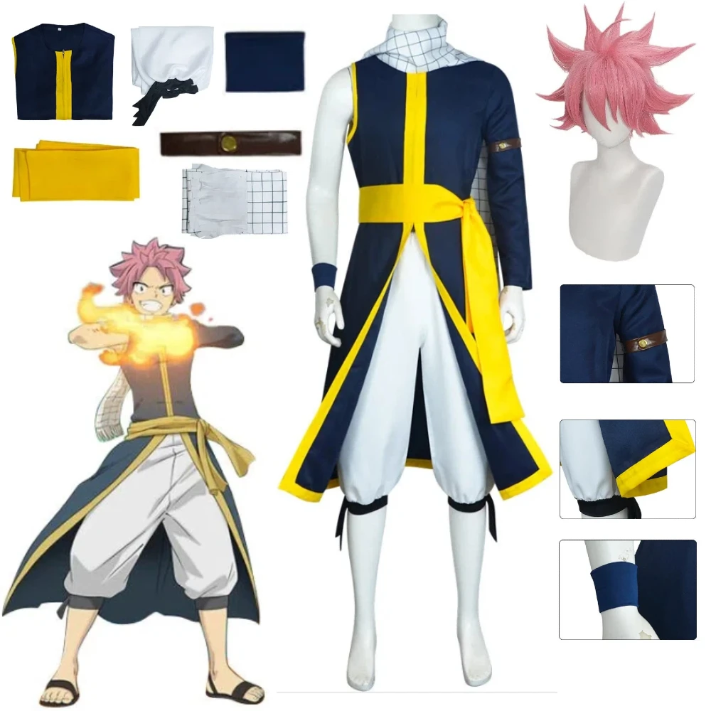 

Anime Fairy Tail Quest Natsu Dragneel Cosplay Costume with Wig Belt Scarf Full Accessories Fire King Natsu Outfit HalloweenParty