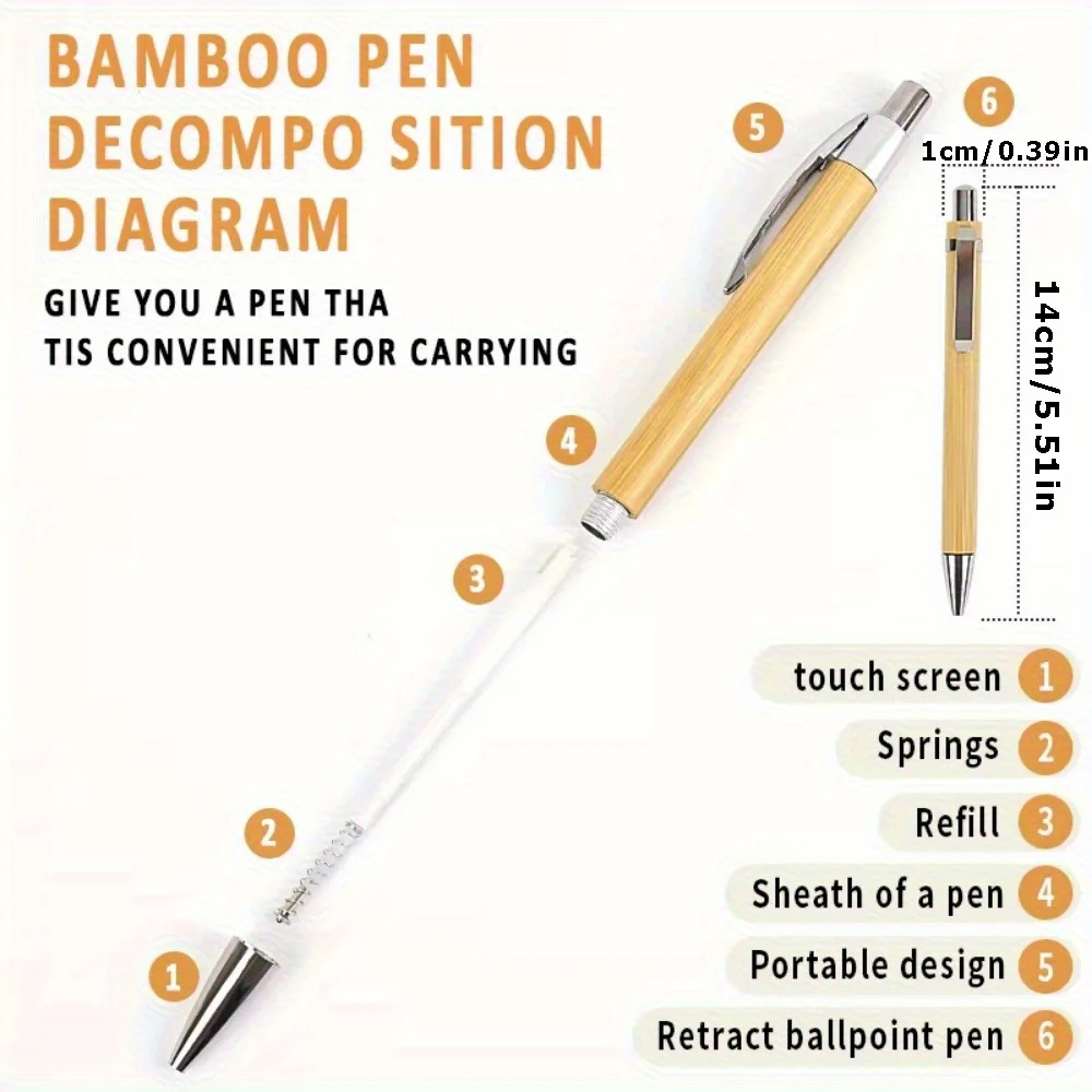 6Pcs High Quality Bamboo Ballpoint Pens 1MM Nib Black Ink Retractable for Office School Writing Smooth Refillable