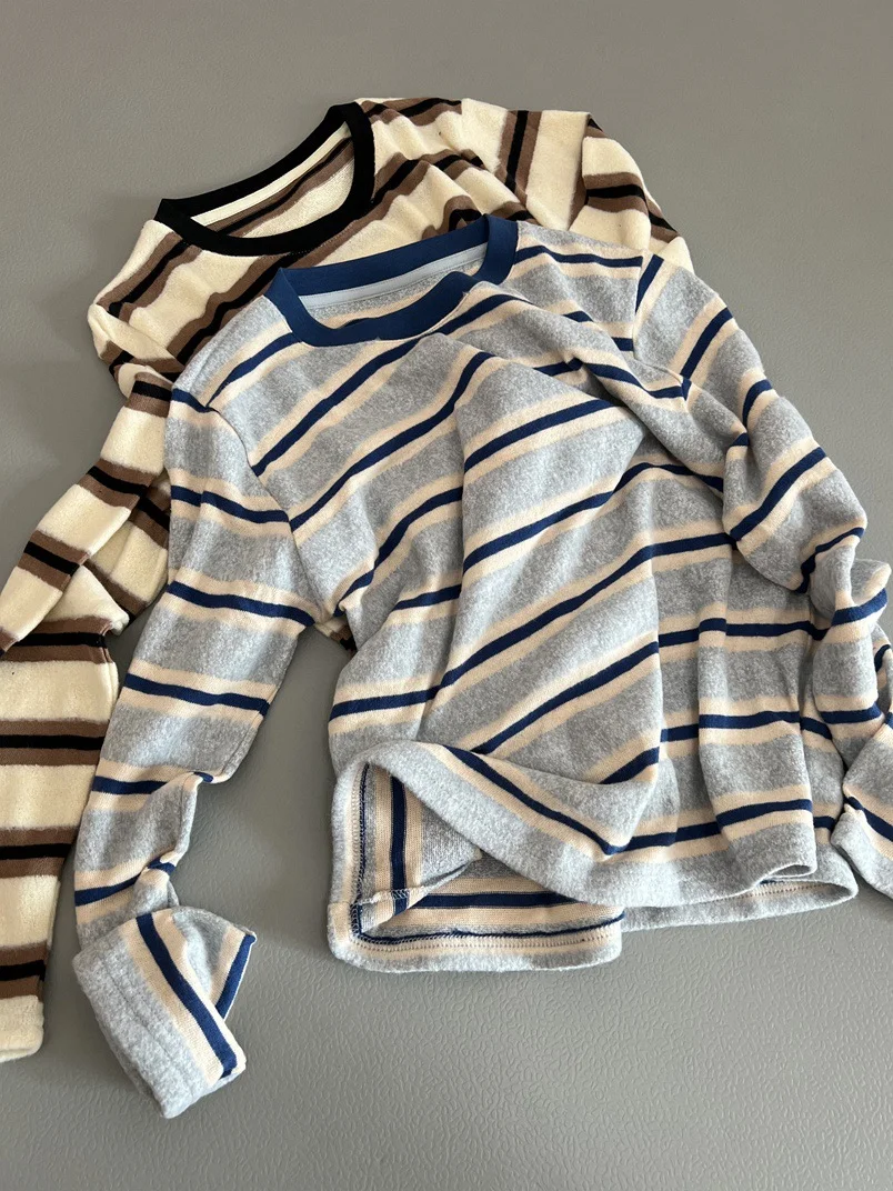 Soft Sticky Contrast Striped Knitted Sweater Versatile New Women's Round Neck Long Sleeve T-shirt Autumn Commuting Loose Tee