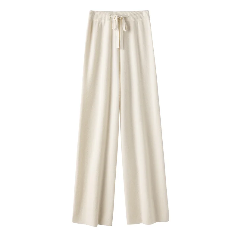 Spodnie z wełny australijskiej dla kobiet, szerokie nogawki, zwiewne spodnie z drapowaniem, bardzo długie spodnie z prostymi nogawkami, dzianinowe spodnie na jesień i zimę.