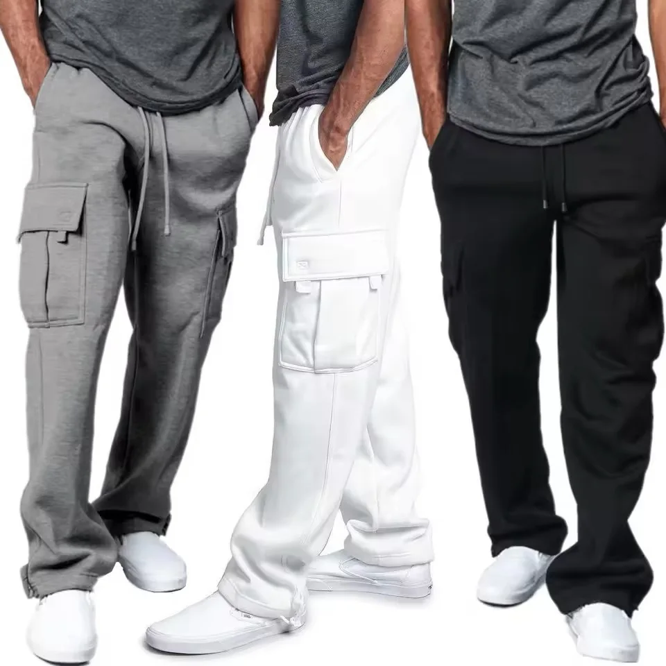 

European American Vintage New Fashion Men's Solid Color Loose Drawstring Multi Pockets Casual Trendy Jogger Trousers Male Pants