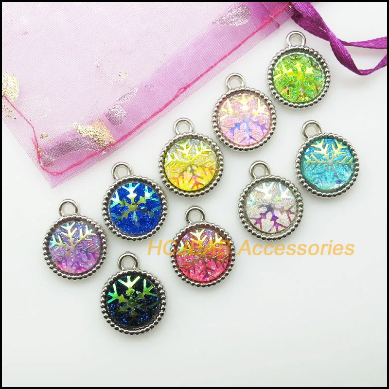 10 New Jelly Mixed Charms Dull Silver Plated Retro Snowflake Round Acrylic Pendants 15x19mm