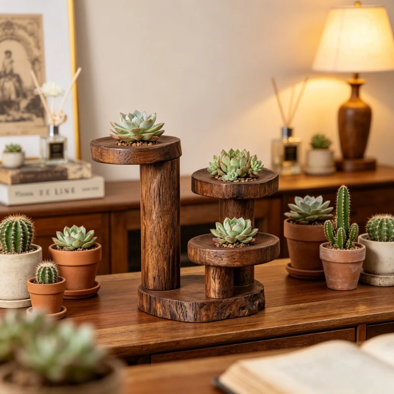 Succulent Display Rack for Balcony & Window, Solid Wood Desktop Plant Stand, Mini Flower Shelf for Home Decor Accent