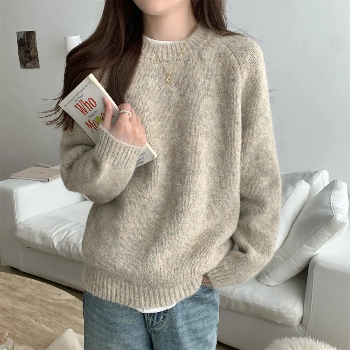 

2026 Soft Fluffy Sweater Base Shirt For Women Loose And Lazy Round Neck Long Sleeve Pullover Knitted Top Inner Wear