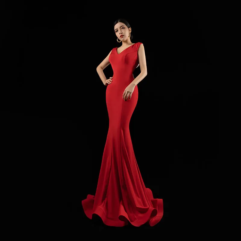 Evening dress V-neck leaky back outfit luxury flow Su high-end atmosphere  catwalk fishtail dress female H1110