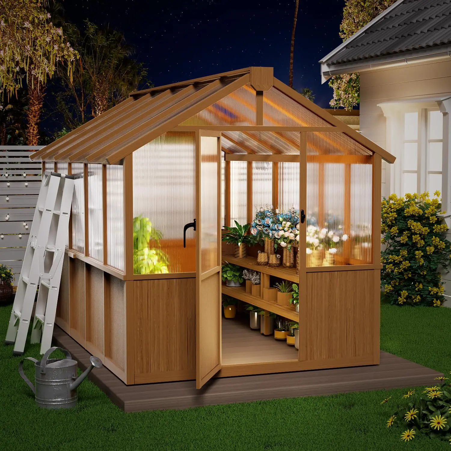 6x10 FT Wooden Greenhouse,Natural Wood Garden House for Plants,Heavy Duty Green House with Polycarbonate Panel,, Customized