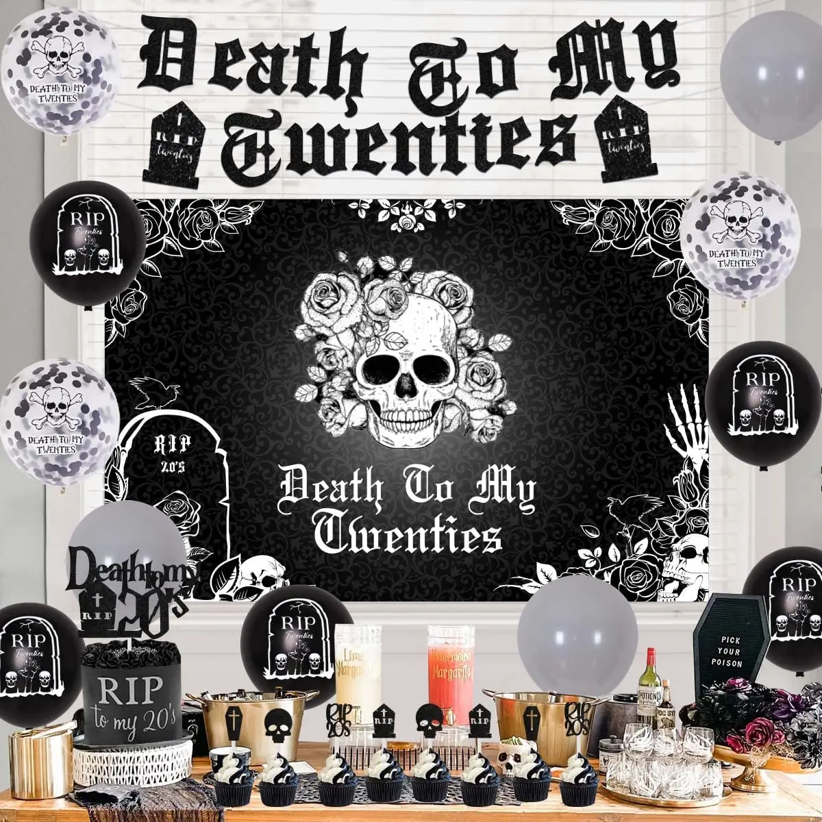 Imagem -03 - Joymemo-death to my Twenties Black Birthday Party Decorações Backdrop Banner Balões com Rip Número 30 20s Sash