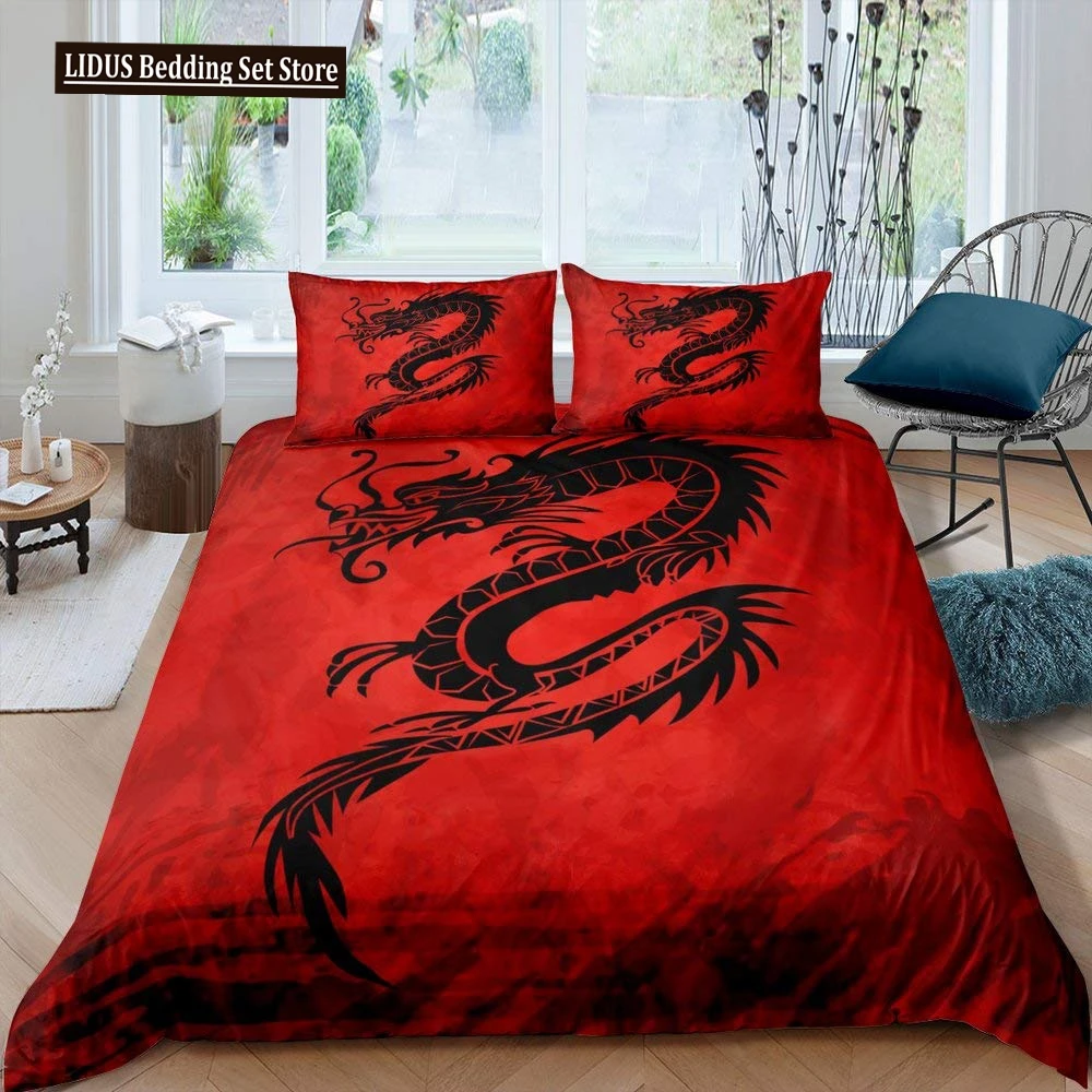 

Red Base Black Dragon Print Duvet Cover Set Chinese Dragon Pattern Bedding Sets Full Size Microfiber 2/3 Pieces Comforter Sets