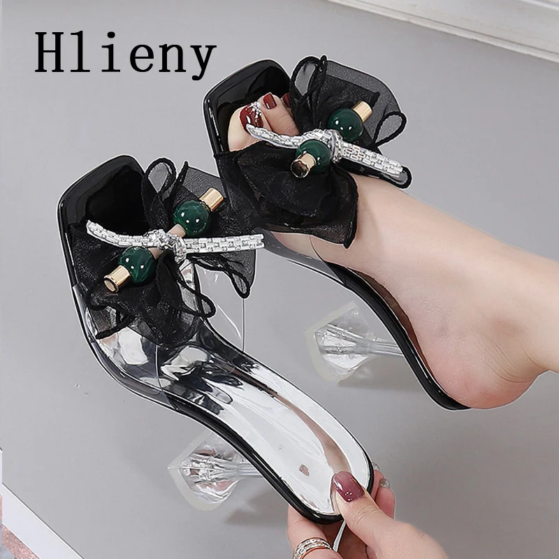 Hlieny Size 34-46 Summer Party Slippers Fashion Pink Bowknot Heels Sandals Women Square Open Toe PVC Transparent Shoes Slides