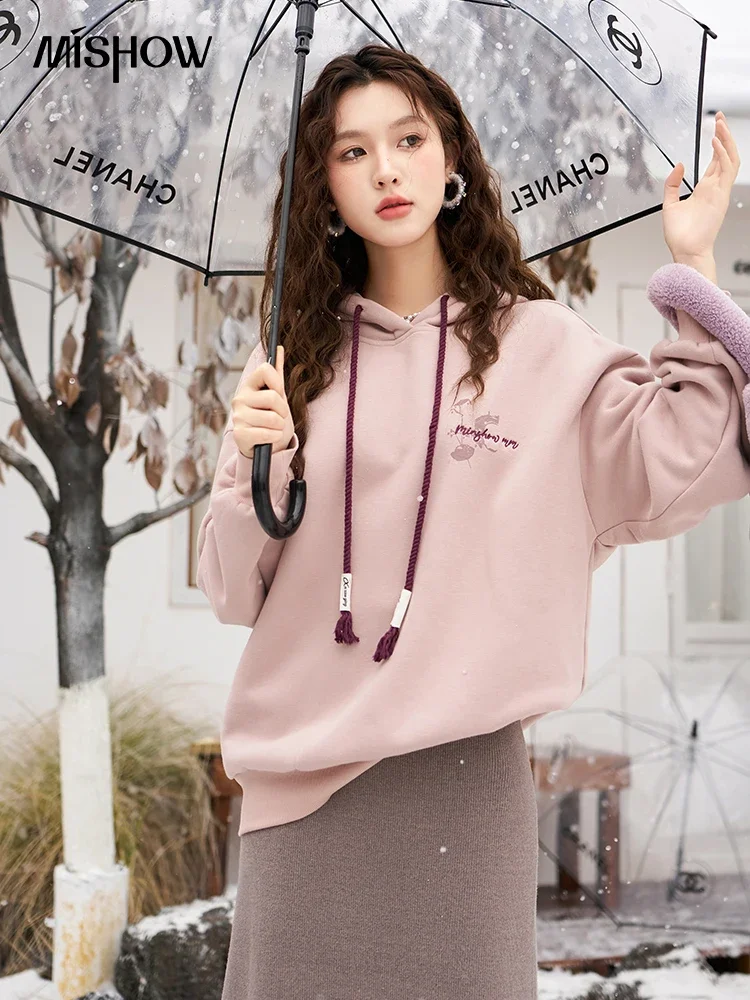 MISHOW gráfico sudaderas con capucha de gran tamaño para mujer Otoño Invierno coreano suelto estampado de letras más sudadera de terciopelo