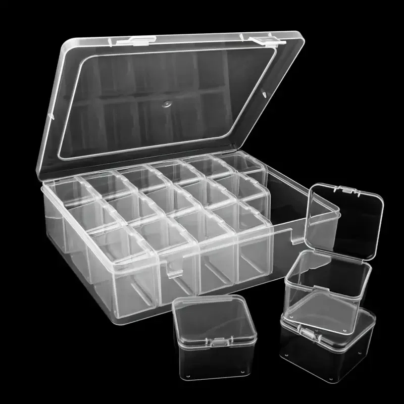 18-bin heavy-duty transparent plastic storage box set with lid - large capacity stackable organizer box, with labeled compartmen