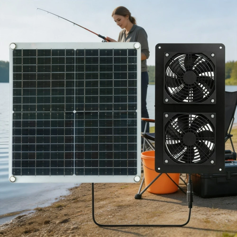 Solar Energy IP65 Waterproof Dual Exhaust Fan Complete Assembly 20W 30W Monocrystalline Panel RV Camper Chicken Coop Pet