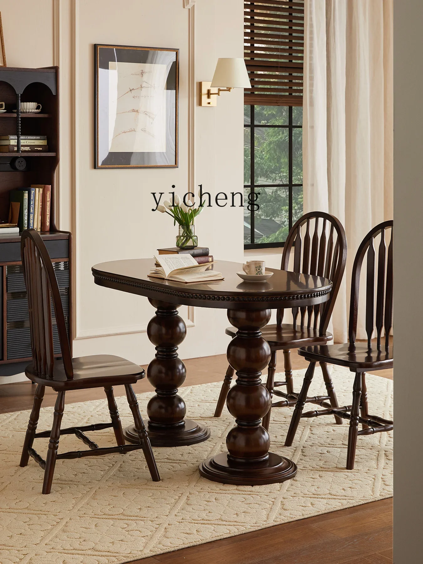 ZC Black Walnut Color Solid Wood Dining Tables and Chairs Set Living Room Home Oval Dining Table Retro Roman Column Dining Table