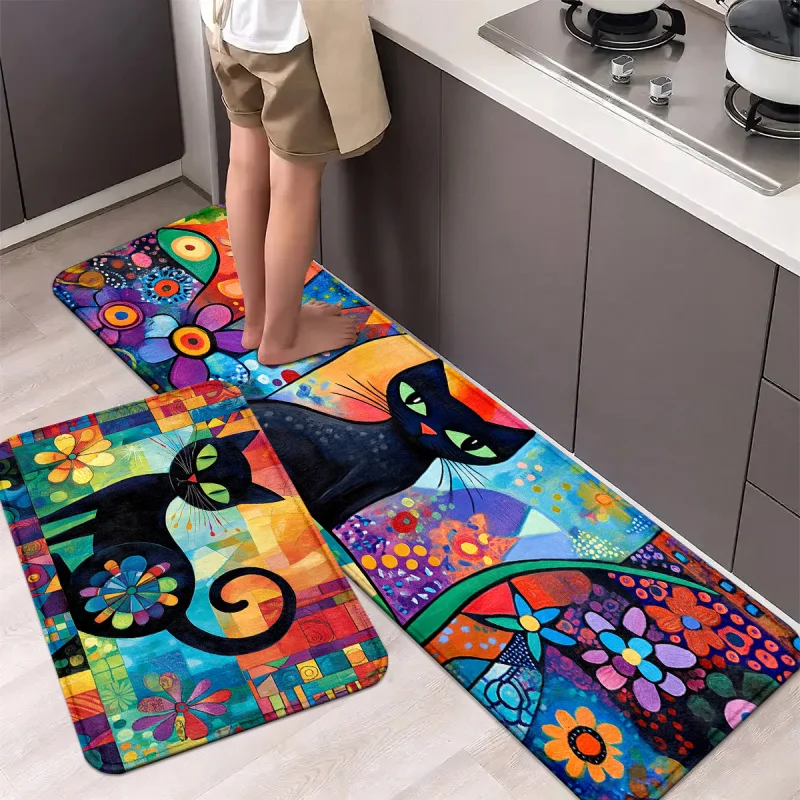 VIKAMA 1/2-Piece Set: Day of the Dead Black Cat Floor Mat – Comfortable, Non-Slip Kitchen Mat, Entryway Rug, Home Decor