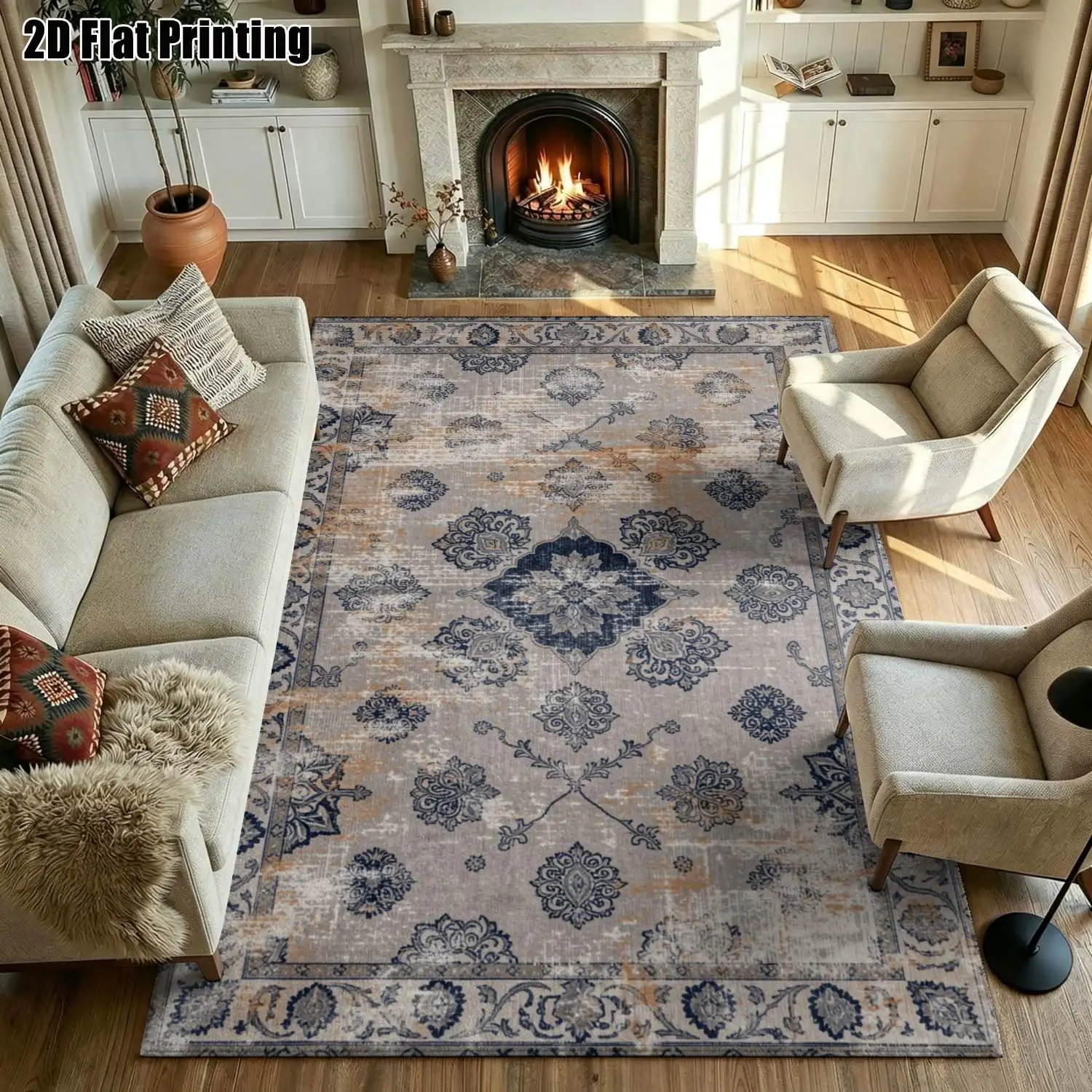 1Pc 2D Printed Retro Floral Blue-Grey Carpet: European/Bohemian Style, Multi-Size, Machine Washable, for Entrance, Living Room, Bedroom, Dining Room, Foyer as Home Decor