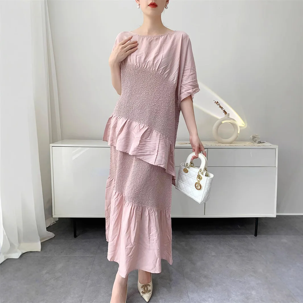 

Miyake Style Heavy Industry Embroidered Skirt Suit for Women 2025 Summer Comfortable Casual Irregular Top + Skirt Two-piece Set