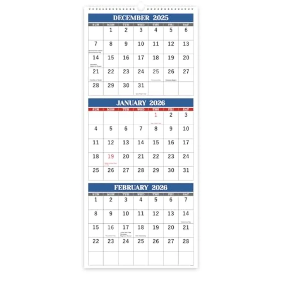 

2026 Wall Calendar - 3 Month Wall Calendar Vertical 2026 Folded in a Month Dec.2025 - Jan.2027 11" x 26" Calendar 2026 3-Month