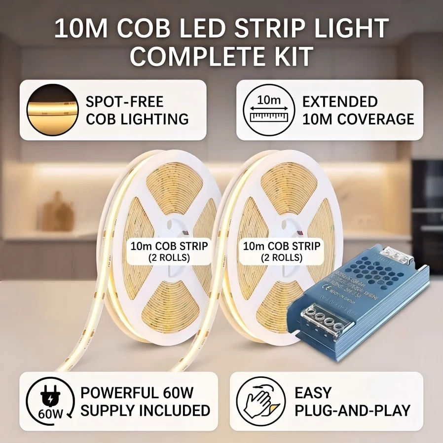 5M 10M 20M DC12V/24V High Density COB LED Strip Lights Ultra Thin Flexible Tape Light 3000K 4000K 6000K With Power Transformer