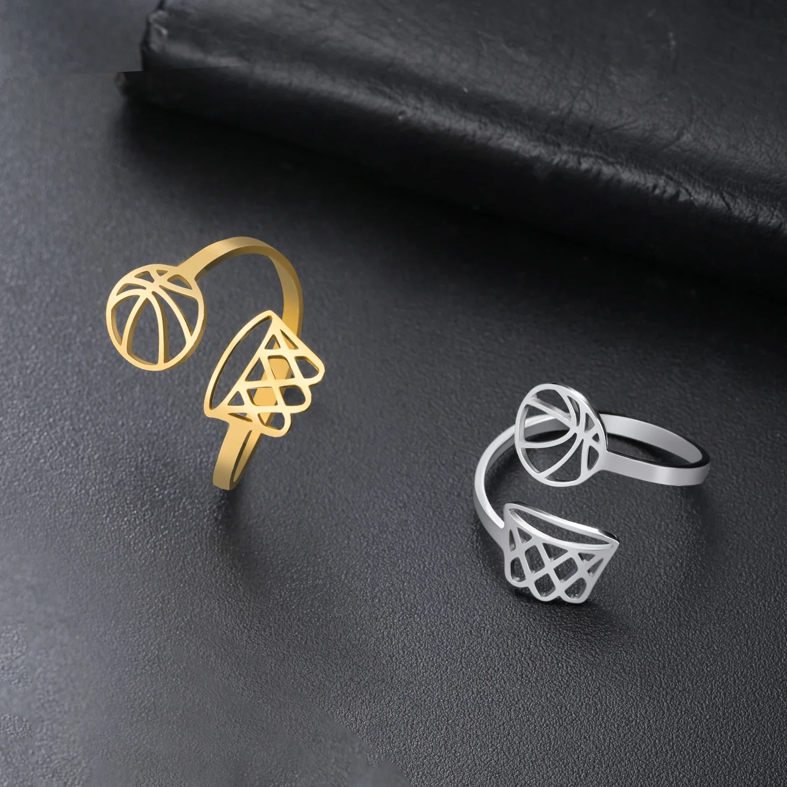 Basketball Hoop Open Ring Stainless Steel Adjustable Hollow Sports Ring Basketball Lover Statement Jewelry Fan Gift