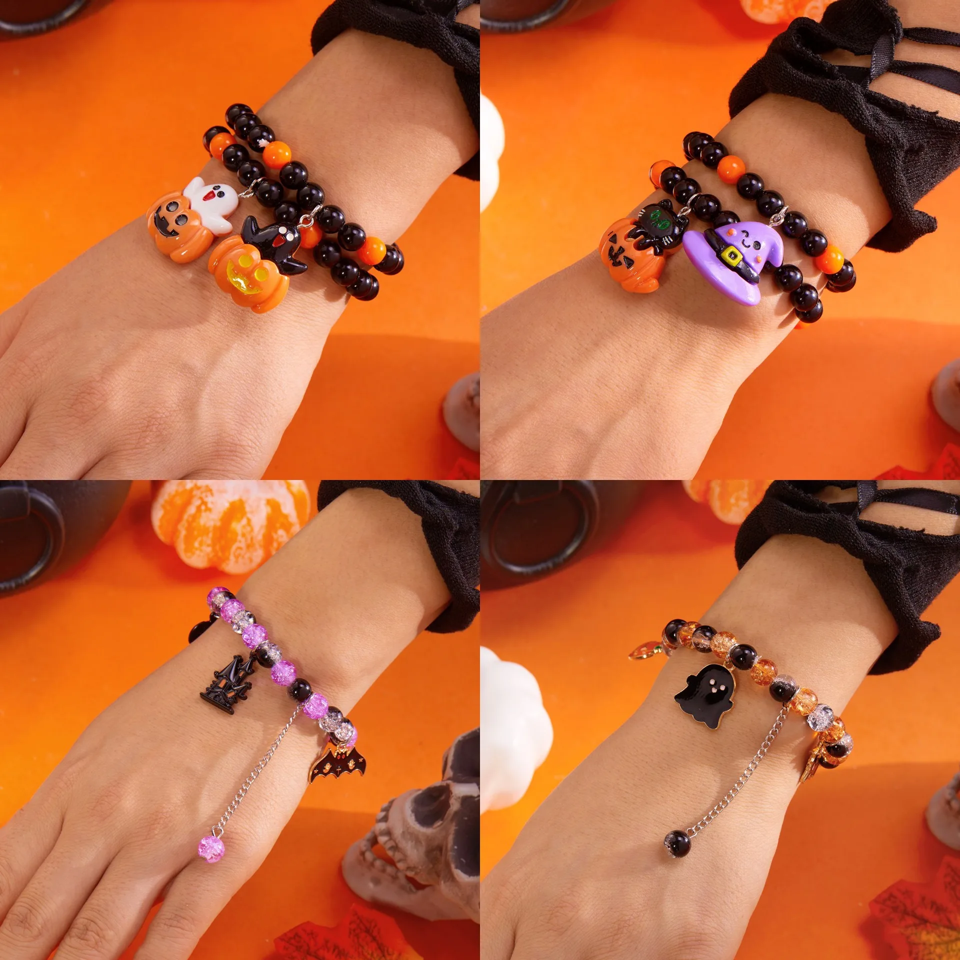 

Kitty Beaded Matching Couple Bangles 2Pcs/Set Halloween Skull Pumpkin Ghost Charm Bracelets for Women Men Jewelry Gift