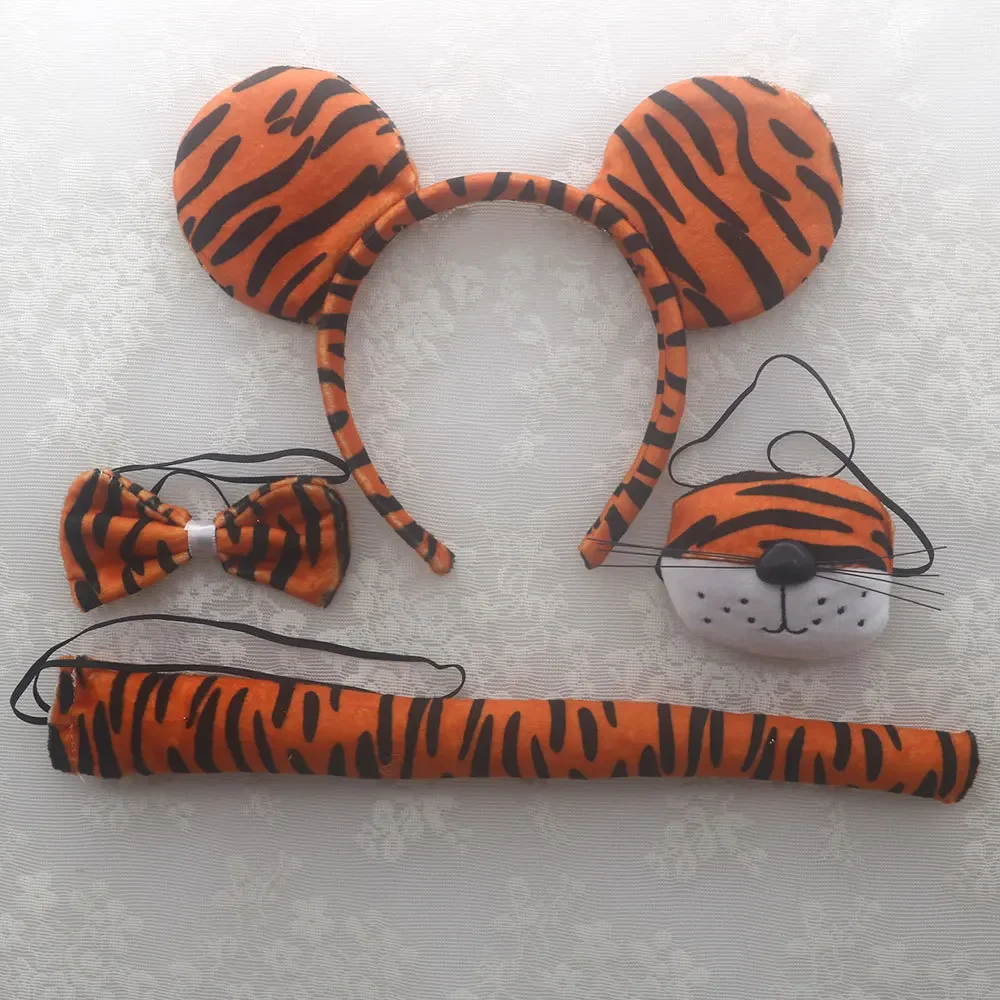 Dzieci dzieci dziewczyny tygrys kostium zwierzęta Cosplay uszy z pałąkiem na głowę łuk nos ogony zestaw Halloween prezent urodzinowy