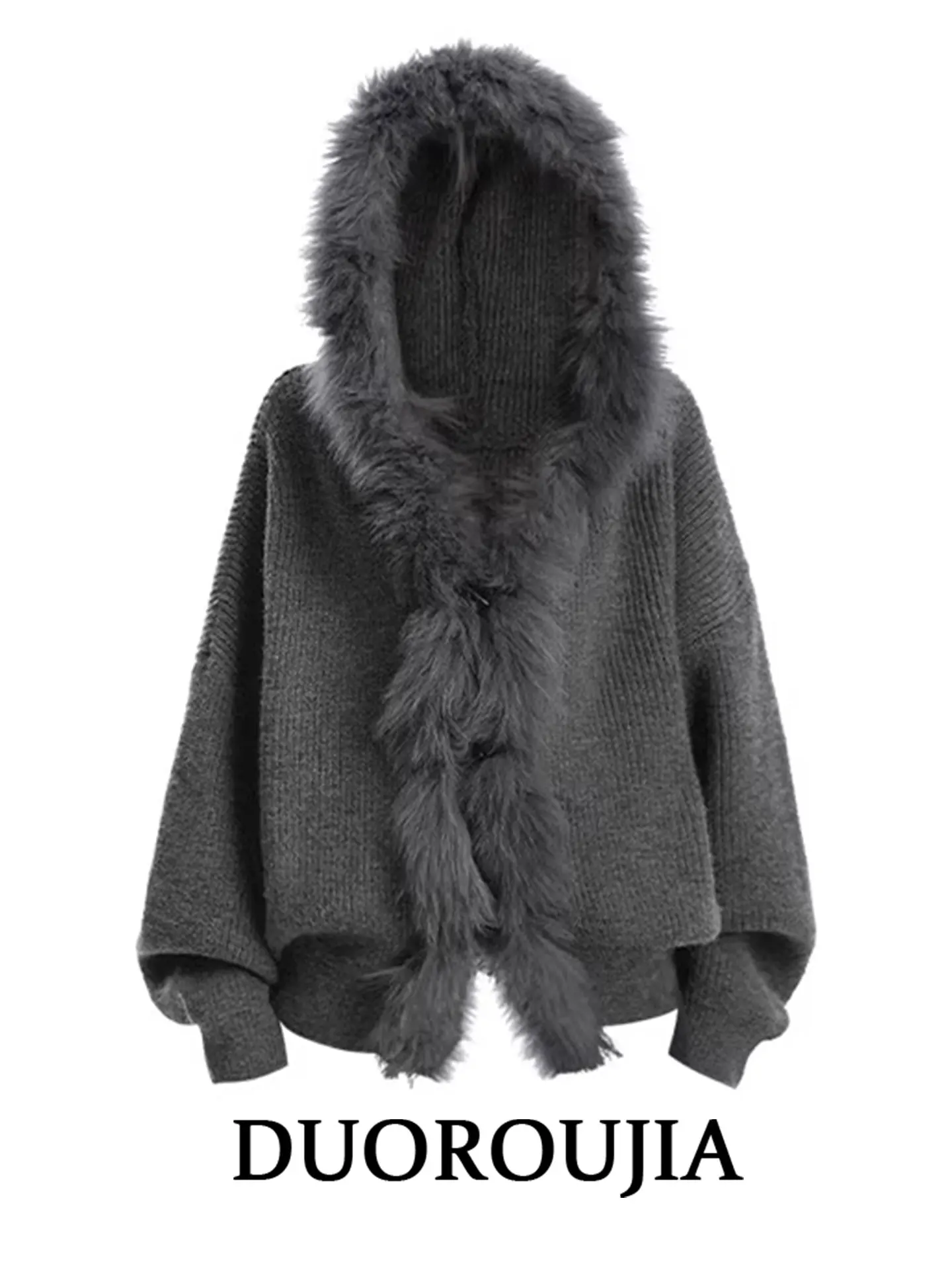 Duor plus Size American Style Knitted Sweater Coat Women's Autumn Winter Loose Fit Hooded Soft Top High Waist Long Sleeve