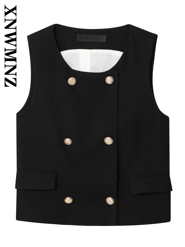 

XNWMNZ 2025 осенняя новая женская уличная одежда, модный жилет без рукавов, повседневный темпераментный женский шикарный жилет стандартной посадки с круглым воротником