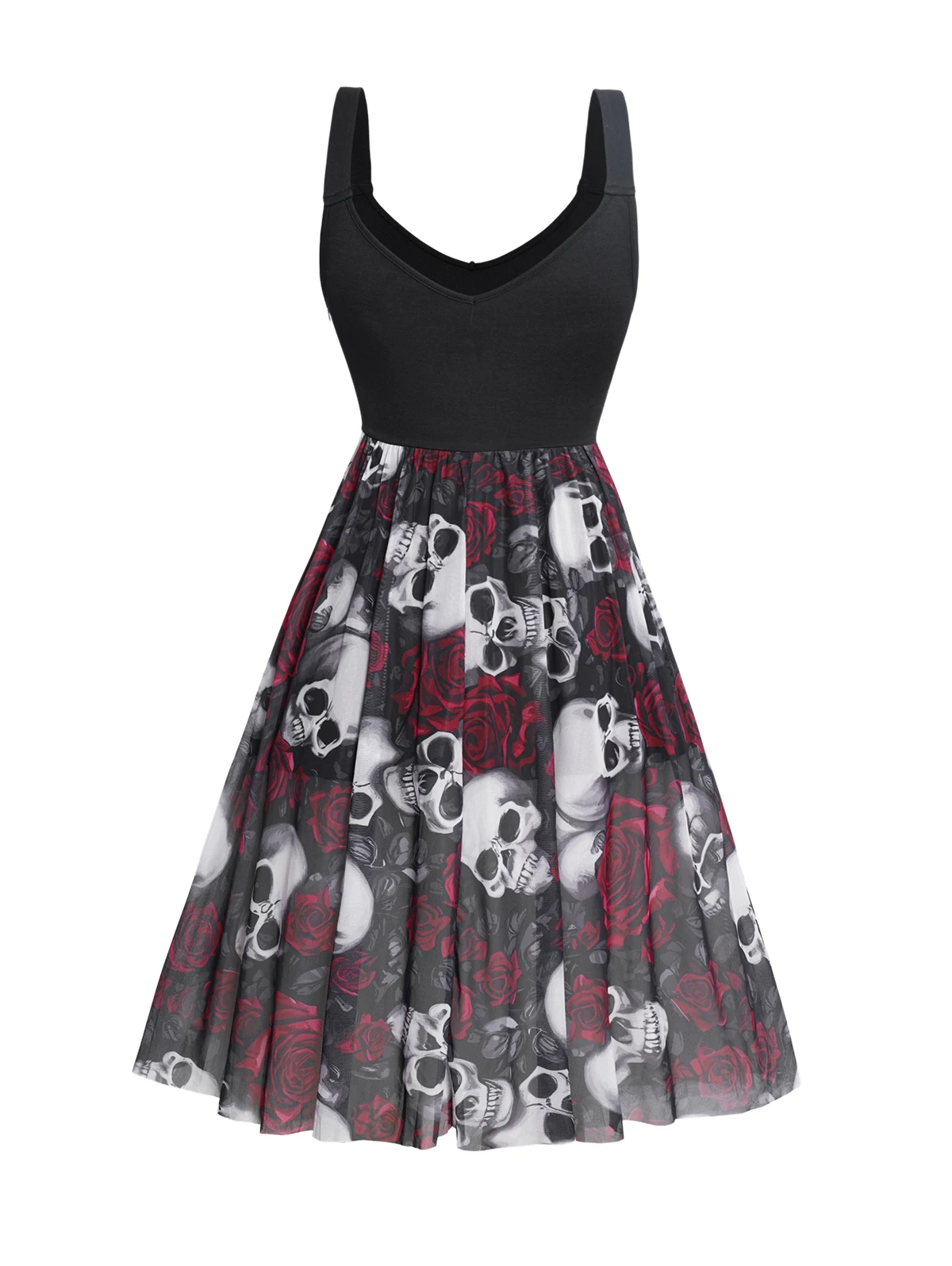 Women Summer Dresses 2024 Skull Rose Print Grommet Buckle Design Tank Dress Double V Neck Sleeveless Gothic Dress Black Dresses